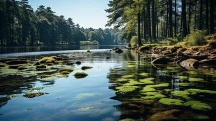 Naklejka premium A serene forest lake, the still water reflecting the surrounding trees and the sky, the quietness of