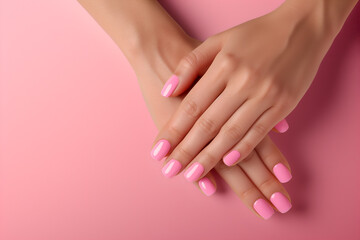 Female hands with pink nail design. Female hands on pink background.