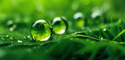 Water drops on green grass, close-up. Nature background