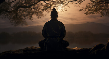 silhouette of buddha monk at sunset - obrazy, fototapety, plakaty