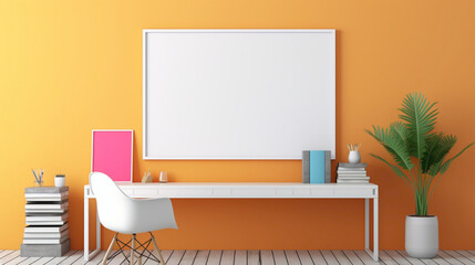 A mockup of an office with a blank white empty frame, presenting a colorful, modern graphic design.
