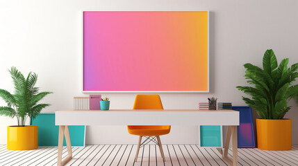A mockup of an office with a blank white empty frame, presenting a colorful, modern graphic illustration.