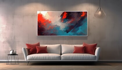 painting on a wall with a picture of a red and blue sky and a picture of a couch