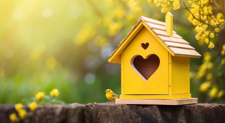 Yellow bird house with the heart shapped entrance on blurred spring outdoor background with copy space