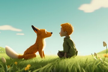 the little prince and the fox are sitting opposite each other in the grass and looking into each...