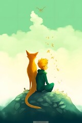 illustration green little prince sitting with his fox and looking to the blue sunny sky - obrazy, fototapety, plakaty