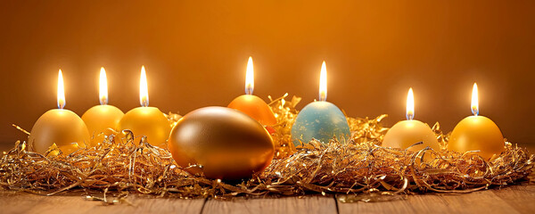 Easter. Golden Easter eggs. Gold tinsel and wood shavings. Easter decoration. Burning candles. Holiday, symbol, identity.