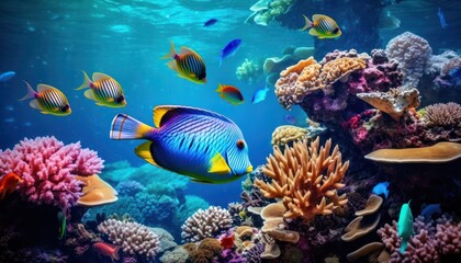 Obraz premium Fish in the water, coral reef, underwater life, various fish and exotic coral reefs