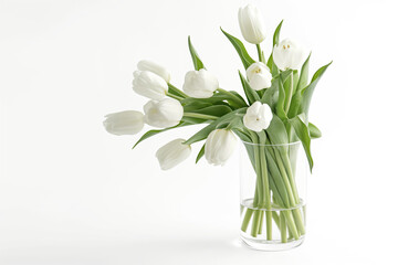 white tulips in a glass vase isolated on white background