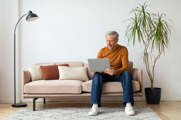 Handsome european old man using laptop at home