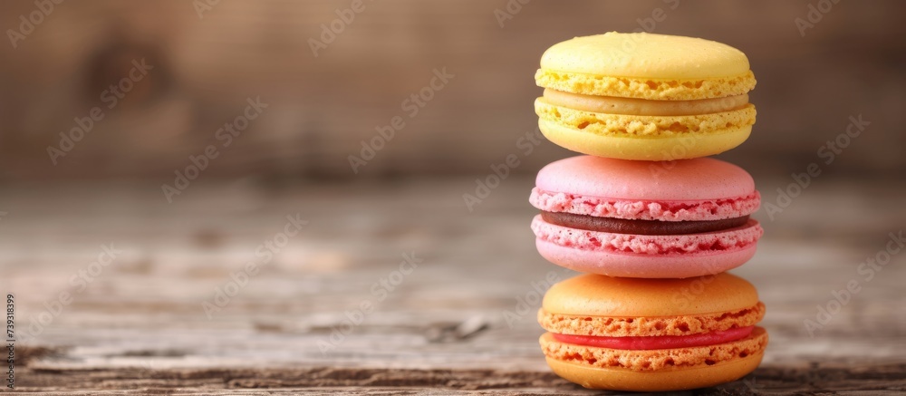 Sticker Delicious and Colorful French Macarons Stack on Plate - Gourmet Desserts Bakery Display