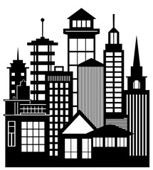 Building vector set illustrations of a black silhouette of city structures