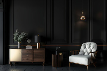  Modern luxury living room interior background, living room interior mockup, interior with black walls, dark interior of living room with black wall, chair, and wooden console