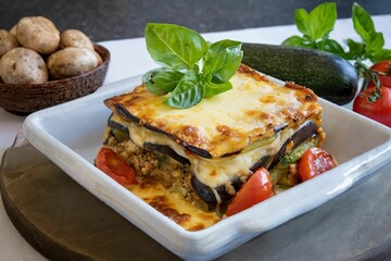 Indulge in a mouthwatering Moussaka creation, adorned with cheese and fresh vegetables,