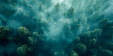 Naklejka na ściany i meble Bird's-Eye View of an Ethereal Forest in Mist