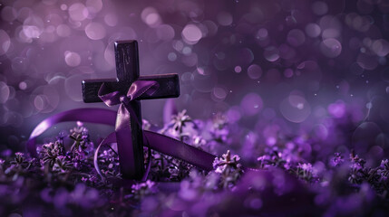 cross and purple ribbon, symbolic religious concept