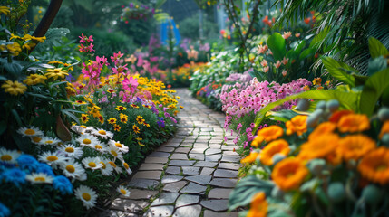 Obraz premium A serene stone path meanders through a vibrant garden full of colorful flowers and lush greenery, inviting a peaceful stroll.