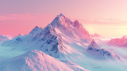 A breathtaking view of majestic snowy mountains under a soft pink and blue sunrise sky, resembling...
