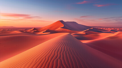 Desert landscapes at dusk, The last light of day paints the desert dunes in shades of orange and pink, with the smooth sand creating a tranquil and otherworldly landscape.