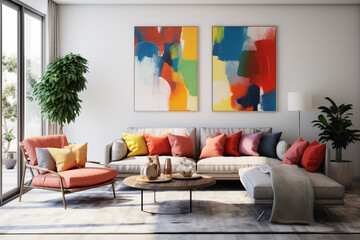A modern and airy living room showcasing a minimalist design with bold splashes of color through cushions and abstract wall art