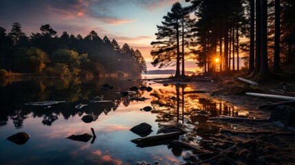 A twilight scene by a secluded forest lake, the last light of day casting a soft glow on the water a