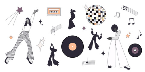 Disco illustrations set. Silhouettes of people in various dance poses. Design elements 70s style. Vector illustration. Isolated on a white background.