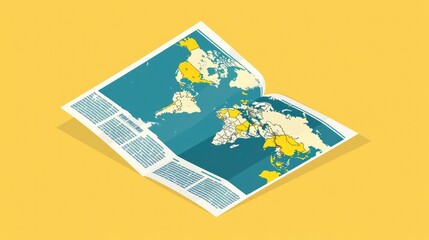 Fototapeta na wymiar Global News, Flat Illustration Featuring a Newspaper and World Map, Symbolizing Worldwide Coverage and Connectivity.