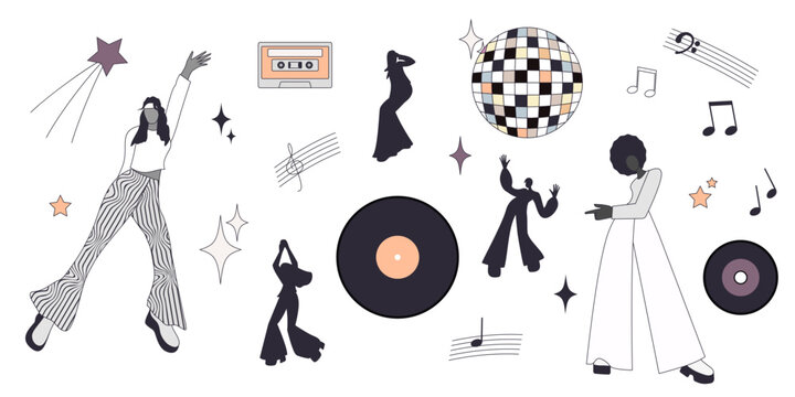 Disco illustrations set. Silhouettes of people in various dance poses. Design elements 70s style. Vector illustration. Isolated on a white background.