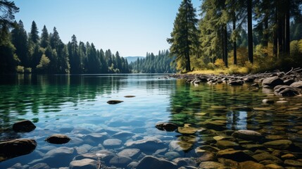 Naklejka premium A serene forest lake, the still water reflecting the surrounding trees and the sky, the quietness of