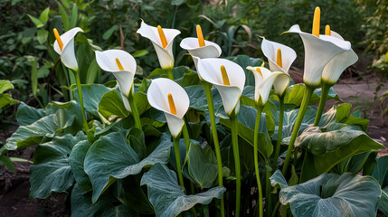 Close up of Zantedeschia aethiopica, also known as calla lily or arum lily, showcasing its exquisite inflorescence and distinctive spathe in stunning detail.