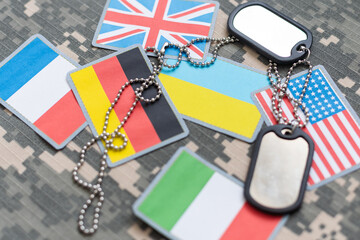 Military ID tags with chain on camouflage uniform, toned in colors of Ukrainian flag war