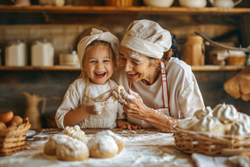 Cheerful Grandma Baker Touching Nose of Joyful Grandkid with Floury Finger. Generative AI.