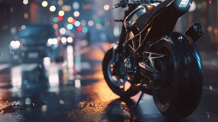 a motorcycle parked on a wet street