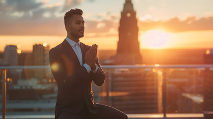 A businessman on a rooftop doing yoga at sunrise embracing wellness as a cornerstone of successful leadership. - obrazy, fototapety, plakaty