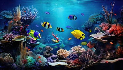 Fish in the water, coral reef, underwater life, various fish and exotic coral reefs