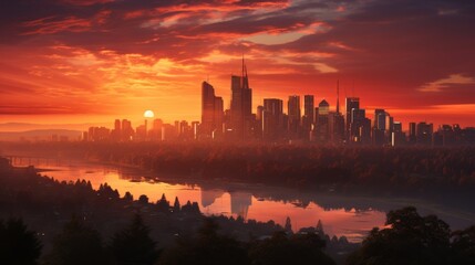 A breathtaking view of a cityscape at sunset, skyscrapers silhouetted against the fiery sky, the fad - obrazy, fototapety, plakaty