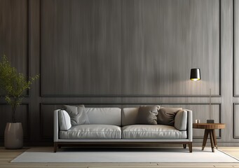 3d render of comfortable sofa lamp with dim light and gray wall behind