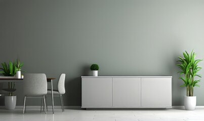 white and black room with a white dresser and a green plant. The room is empty and has a minimalist feel