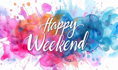 Watercolor paint imitation splash background with Happy weekend text. Modern calligraphy lettering.