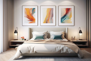 A modern bedroom fusion, an empty frame against a wall accented with vibrant, abstract artwork, creating a captivating atmosphere.