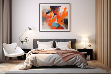 A modern bedroom fusion, an empty frame against a wall accented with vibrant, abstract artwork, creating a captivating atmosphere.