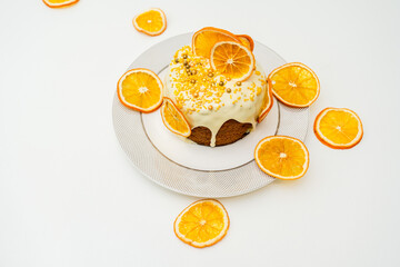 Traditional ukrainian easter cake on white table. Happy easter, spring holiday