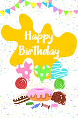 Bright and cheerful birthday party invitation with colorful elements. Vector illustration.