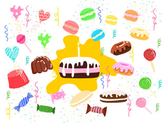 Bright and cheerful birthday party invitation with colorful elements. Vector illustration.