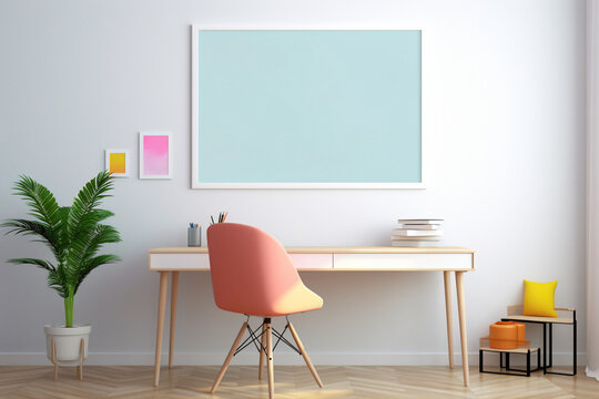 A realistic view of an office space, highlighting a blank white frame, minimalistic details, mockup elements, and a vivid display of simple, colorful tones, all captured in high definition.