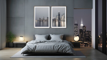 A modern bedroom with a blank white empty frame, showcasing a minimalist, black and white photograph of a city skyline at night.
