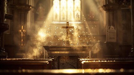 Cross on an altar, hazy church interior