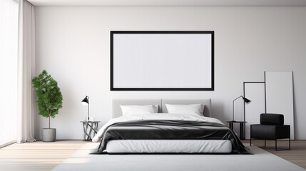 A modern bedroom with a blank white empty frame, showcasing a minimalist, black and white architectural photograph that exudes sophistication.