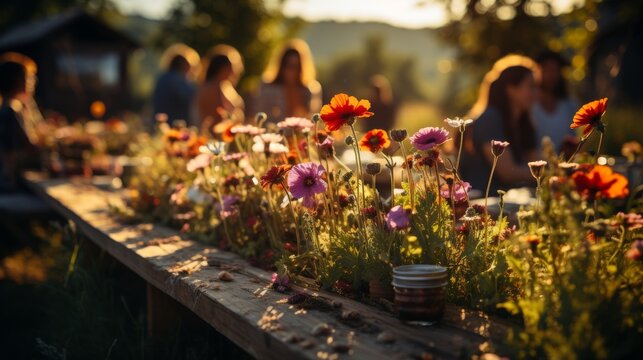 A group of friends gathered around a picnic setup in a blooming flower field, vibrant colors of natu