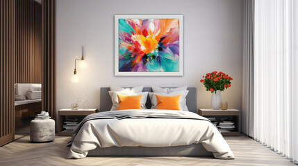 A modern bedroom with a blank white empty frame, accentuated by a vibrant, digitally created floral artwork that adds a pop of color.